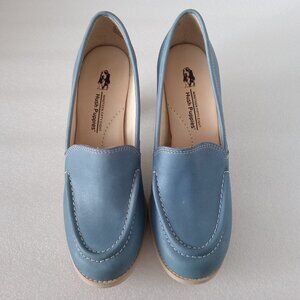 Hush Puppies Women's Blue Leather Block Heels Comfort Slip-on Loafers Size 8